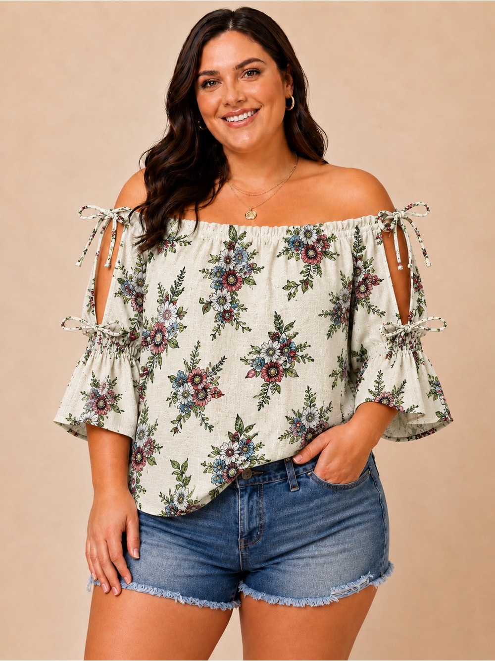 Signature Studio Plus Size 2X Cream Floral Cold Shoulder Bell Sleeve Boho Blouse